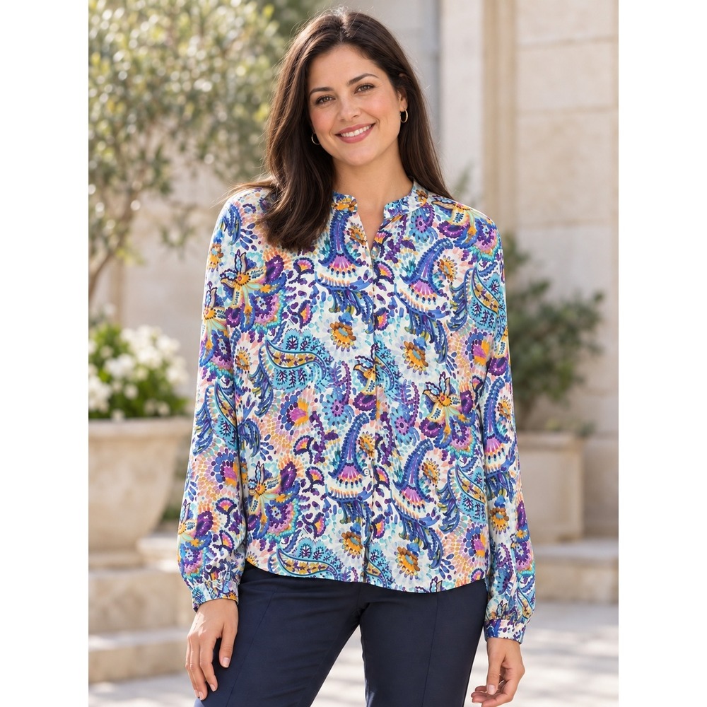 Tristan Blouse Womens M Multicolor Paisley Mock Neck Button Down Long Sleeve Top